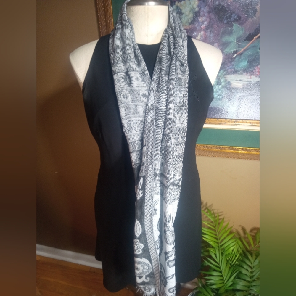 Pure Elegance, in a 72x27" scarf/wrap.  Black with grey tones.  Reverse image.
